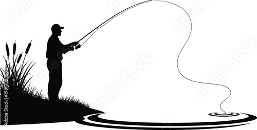 Fisherman silhouette casting line with fishing rod near cattails isolated on white background, outdoor lake recreation sport vector illustration collection.