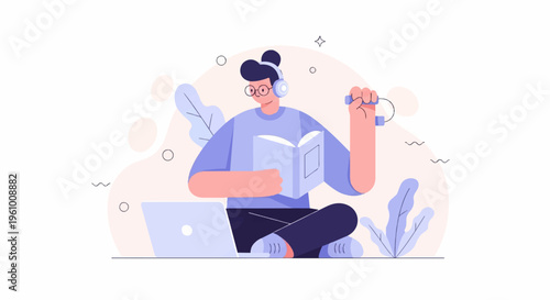 Person with headphones, book, and laptop on a white background with abstract shapes
