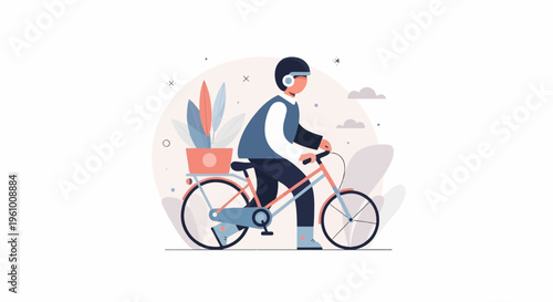 Person with helmet rides bicycle with potted plants in basket