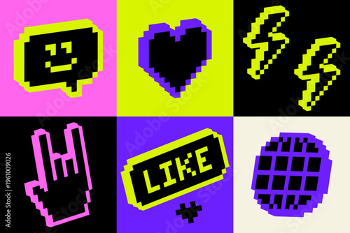 Neon pixel pattern in retro 8-bit Y2K style. Bright glowing icons. Heart, like, cursor, lightning, chat elements in seamless grid. Trendy cyber background for gaming, social media, digital design