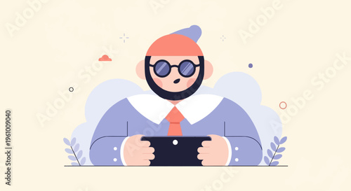 Friendly character in spectacles and hat plays on a tablet device