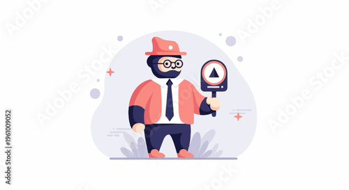 Stylized businessman with hat and tie holds a triangular sign