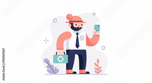 Stylized businessman in hat holding item, carrying briefcase