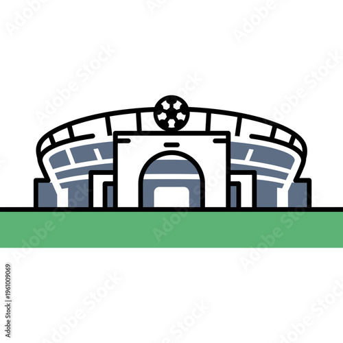 The sports stadium entrance stands under clear daytime sky with lush green field