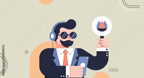 Stylized businessman with headphones, sunglasses, holding a phone and a sign