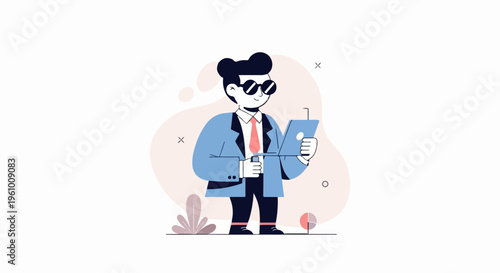 Stylized cartoon figure in suit and sunglasses holds a tablet