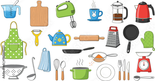 Kitchen utensils and cooking tools collection with appliances, cookware and accessories, colorful vector illustration for culinary, home cooking and kitchen design projects
