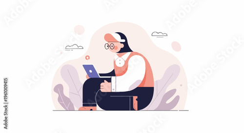 Person wearing glasses and cap works on laptop surrounded by abstract shapes and leaves
