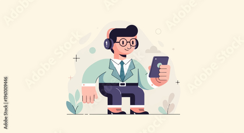 Person wearing headphones and glasses, holding a phone