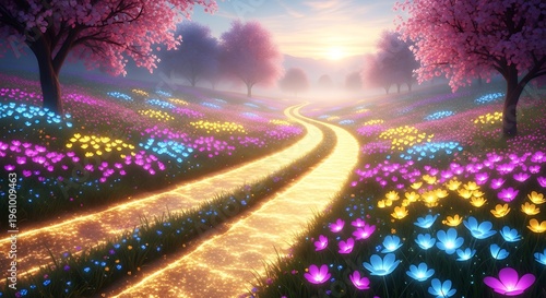 A serene and vibrant pathway winds through a field of colorful flowers and trees on transparent background