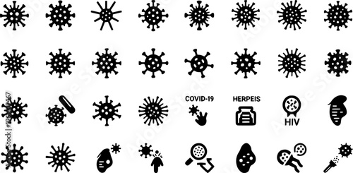 Silhouette set of vector illustrations of simple shapes of various virus icons and pictograms
