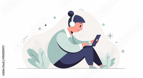 Person wearing headphones, sitting and using a laptop outdoors