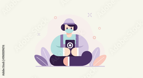 Person wearing mask sits holding device surrounded by abstract shapes
