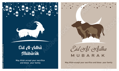 Two eid al adha mubarak greeting cards with mosque, lanterns, stars, crescent moon, goat and cow, islamic festival sacrifice celebration.