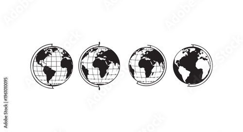 Four different views of the world globe in a row