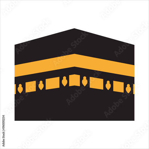 Kaaba icon illustration representing holy site in mecca saudi arabia with black cube structure and gold decorative bands for islamic pilgrimage hajj and umrah religious travel symbols and graphics.