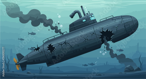 A damaged submarine sinking underwater with smoke and debris escaping from its hull.