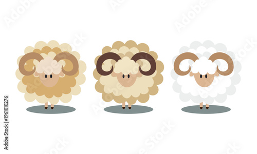 Three cute little sheep with curly horns standing isolated on white background, cartoon funny character design for children book or card, eid al adha mubarak animals.