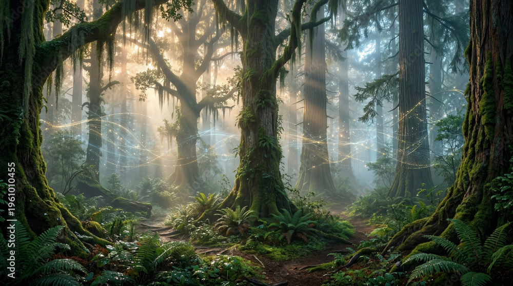 Obraz premium Ethereal Biohacking in Primordial Misty Forest with Data Flow
