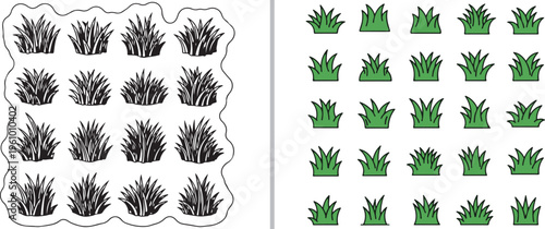 Vector asset featuring stylized grass tufts. Left side shows detailed black and white clumps in a wavy frame; right side offers simple green icons. Perfect for game maps and garden design.