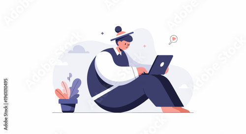Person in hat sits cross-legged on floor with laptop, plant nearby