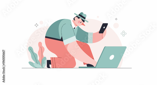 Person in hat with laptop and phone, surrounded by abstract shapes