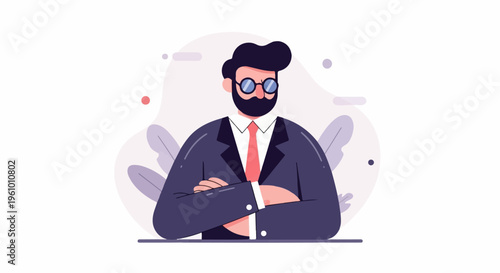 A styled illustration of a bearded man wearing glasses, suit, and tie
