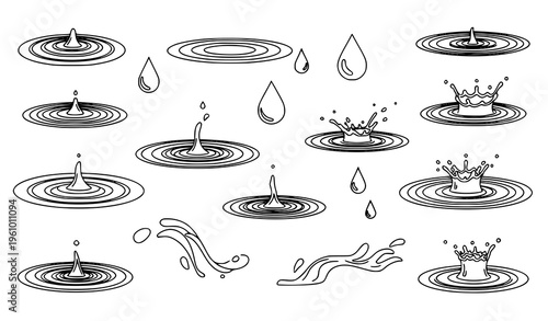 Water ripple and splash blueprint vector set droplet liquid line art illustration