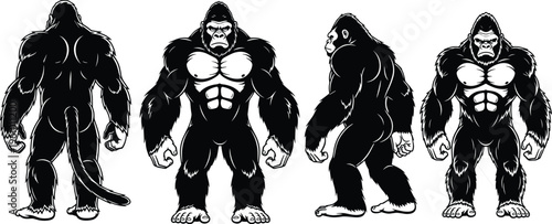 Gorilla warrior silhouette illustration, muscular beast artwork, fantasy creature design concept, black and white strong animal vector template set