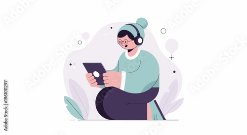 Person wearing headphones, holding tablet, seated among abstract shapes
