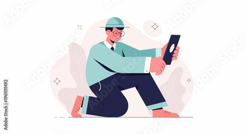 Person kneeling on one leg, using a smartphone in a minimalist style