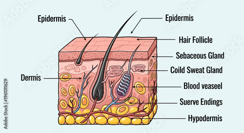 Detailed anatomical diagram illustrating the layers and components of human skin, including hair follicles and various glands.