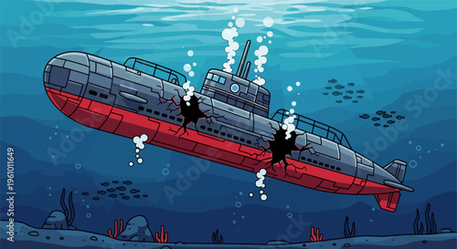A cartoon illustration of a damaged red and grey submarine sinking underwater with two large holes in its hull, emitting bubbles.