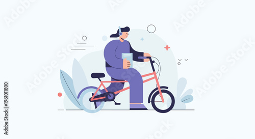 Person with headphones rides a bicycle while holding a book and listening to music