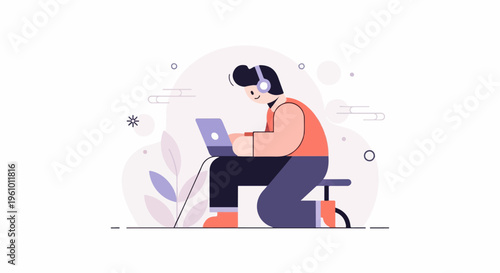 Person with headphones and laptop, surrounded by abstract shapes and plants