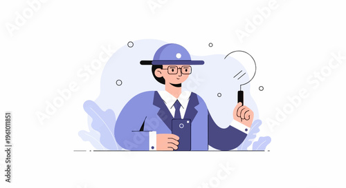 Person with magnifying glass and phone, abstract shapes and leaves