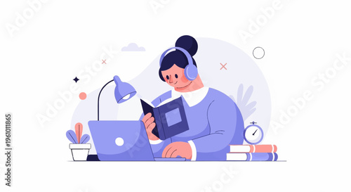 Person with headphones studying at a desk with books and laptop