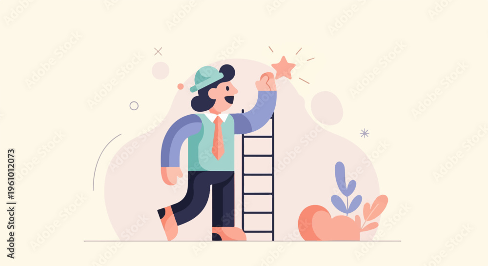 Obraz premium Reaching for a star with a ladder, concept of success and achievement