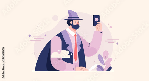 Bearded man in stylish hat and suit taking selfie with phone