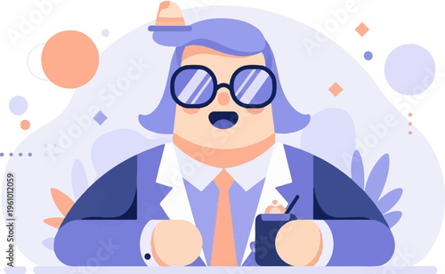 Stylized cartoon person in a suit and hat with glasses, holding a stylus