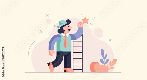 Reaching for a star with a ladder, concept of success and achievement