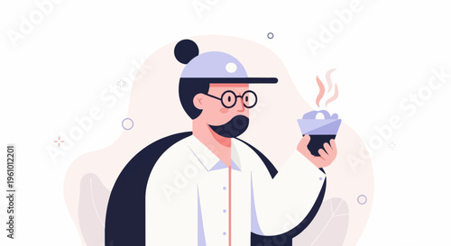 Stylized man in a hat and glasses holds a cup of steaming beverage