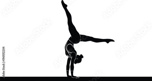Gymnast handstand on balance beam silhouette illustration, gymnastics performance artwork, athletic balance design concept, black and white vector template set