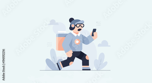 Cartoon character with backpack and phone, running with speed lines