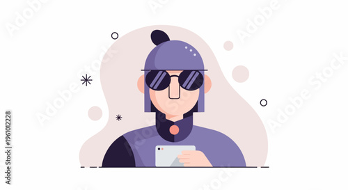 Stylized person in purple attire with sunglasses, holding a phone