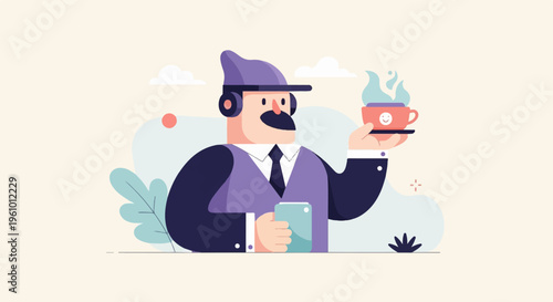 Cartoon man in formal attire, headphones, holding phone and coffee