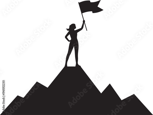 A triumphant woman stands on a mountain peak, proudly holding a flag aloft in victory.