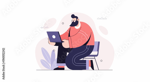 Stylized person with beard, glasses, and laptop on a chair