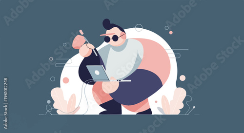 Stylized person with glasses working on a laptop amidst abstract shapes and plants