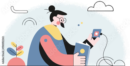 Stylized person with bun, glasses, and beard holding a device and book